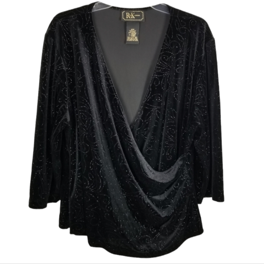 R&K Evening Black Velvet Top Crossover VNeck Rouched Mobwife 3/4 Sleeve Size 24W